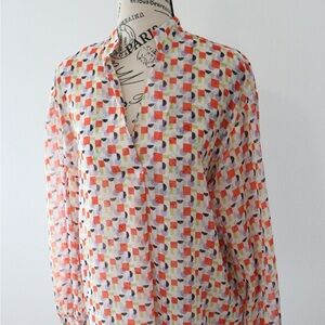 Zara Pink and Blue Relaxed Top with Mandarin Collar Size Small